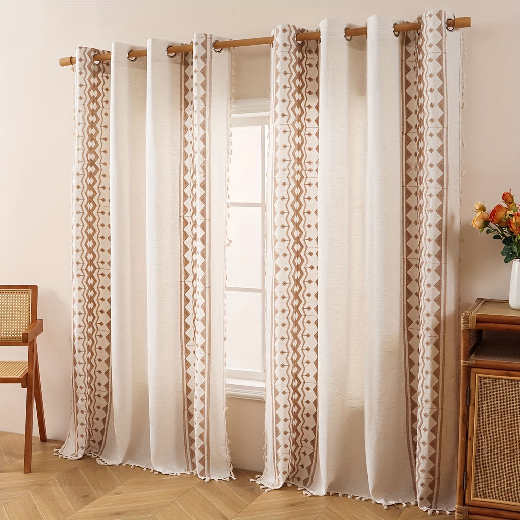 Beige Geometric Semi-Sheer Curtain with Tassels