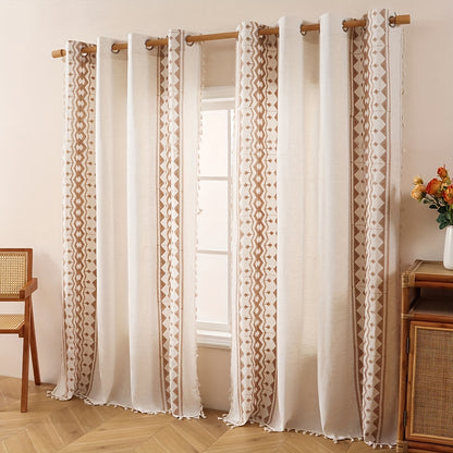 Beige Geometric Semi-Sheer Curtain with Tassels
