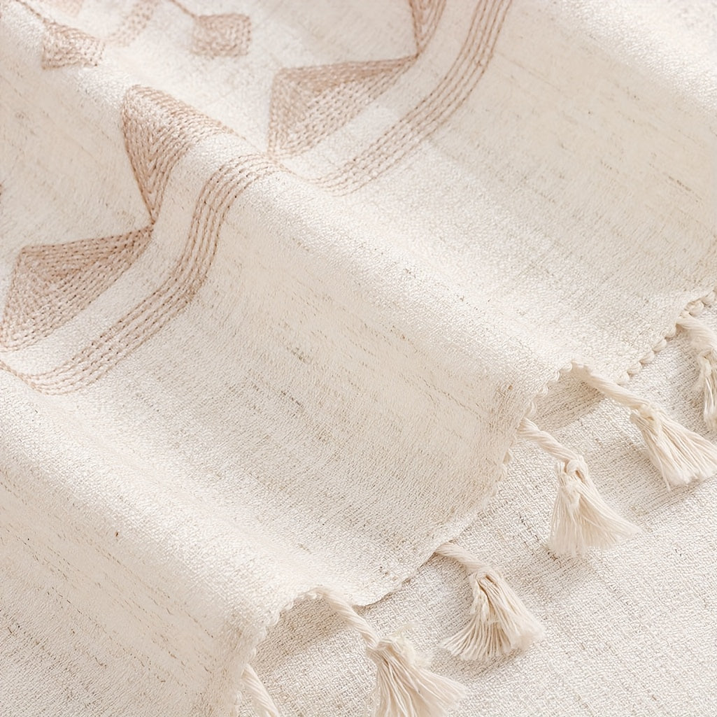 Beige Geometric Semi-Sheer Curtain with Tassels