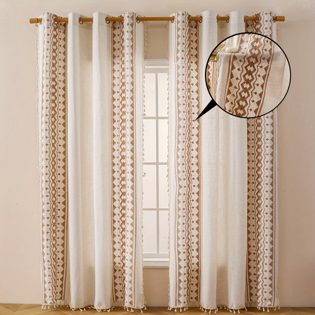 Beige Geometric Semi-Sheer Curtain with Tassels