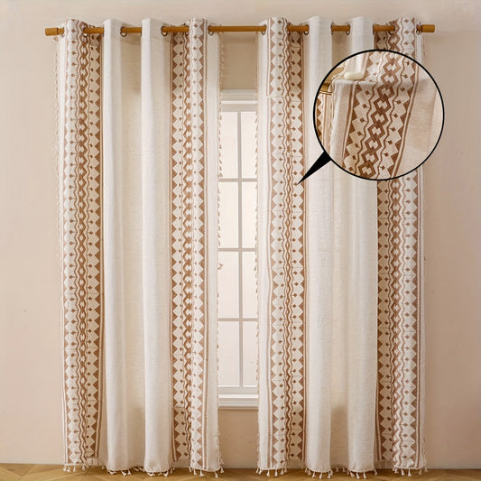 Beige Geometric Semi-Sheer Curtain with Tassels