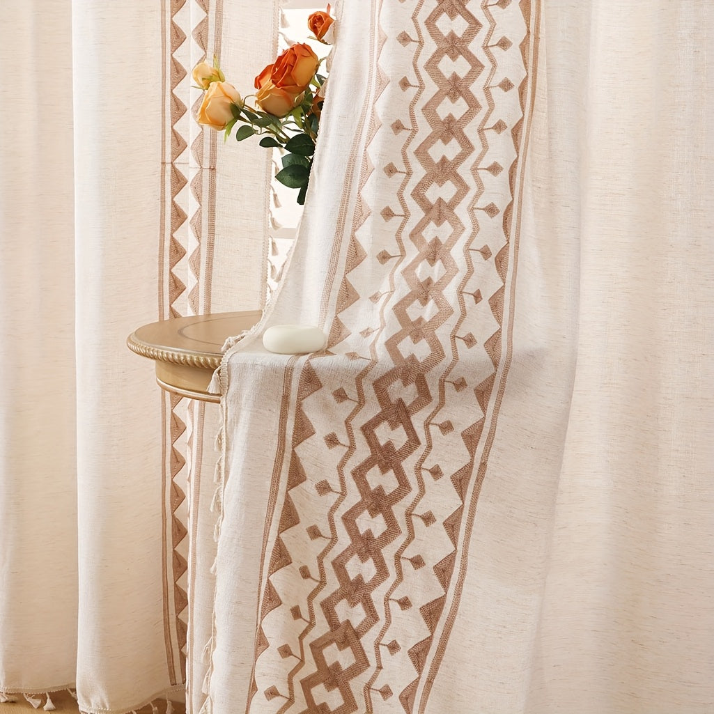 Beige Geometric Semi-Sheer Curtain with Tassels