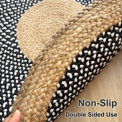 Hand Woven Round Jute Area Mat - Black Plaid