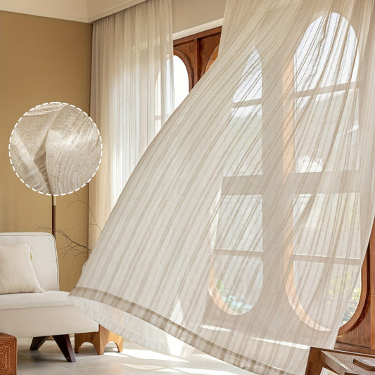 Japanese Minimalist Linen Striped Sheer Curtains - Set of 2