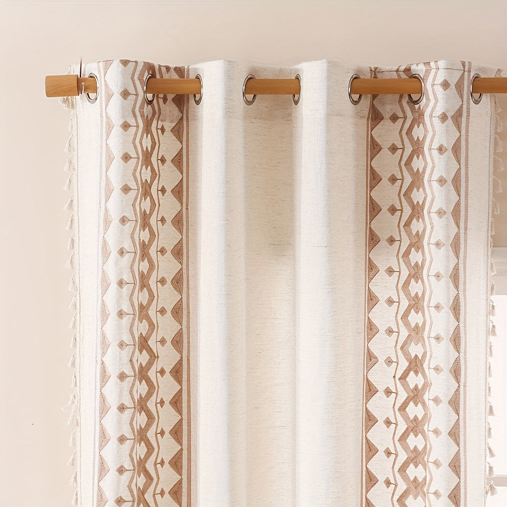 Beige Geometric Semi-Sheer Curtain with Tassels