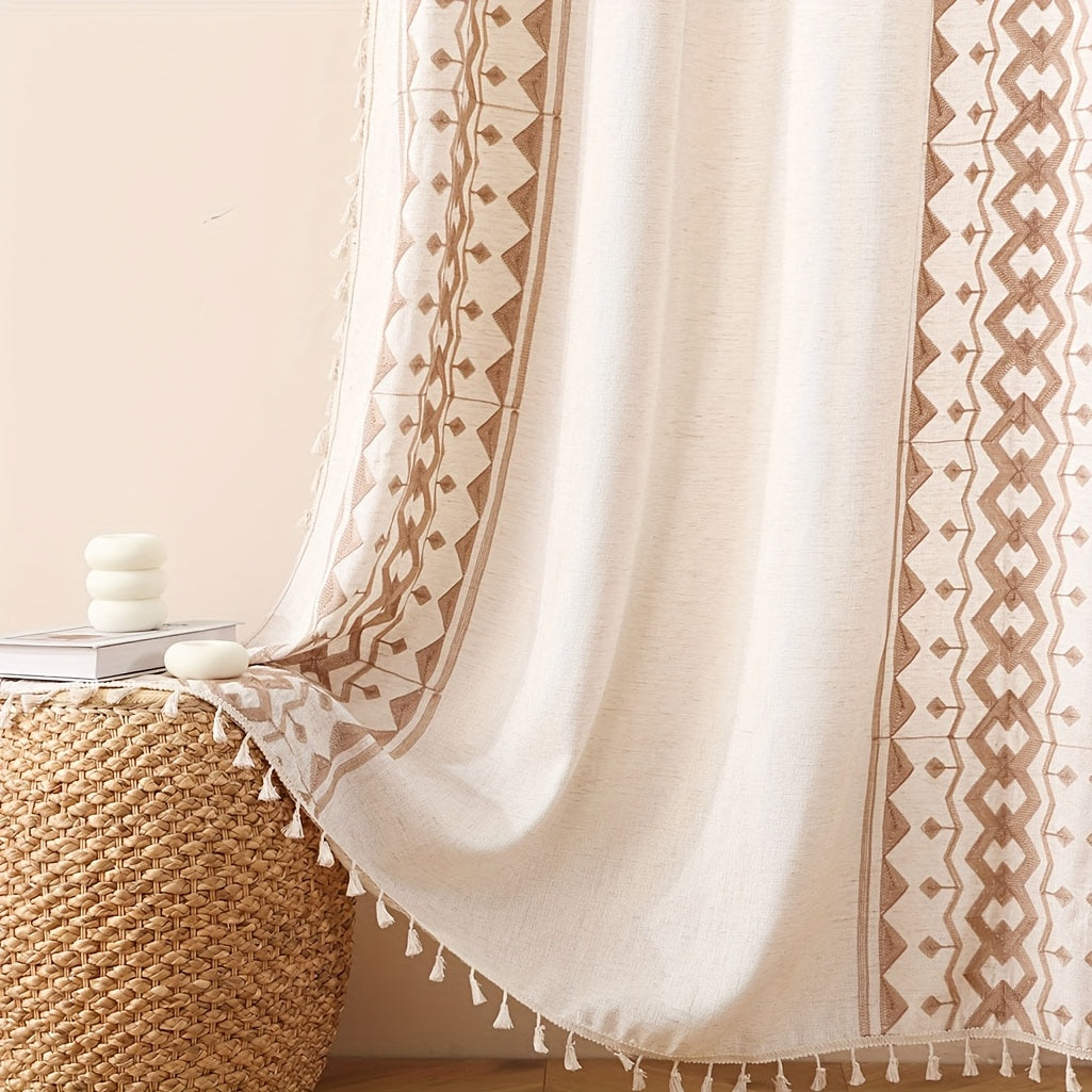Beige Geometric Semi-Sheer Curtain with Tassels