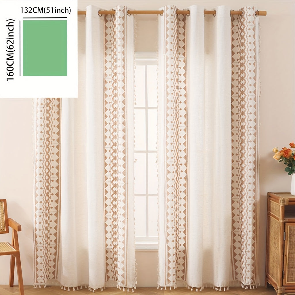 Beige Geometric Semi-Sheer Curtain with Tassels