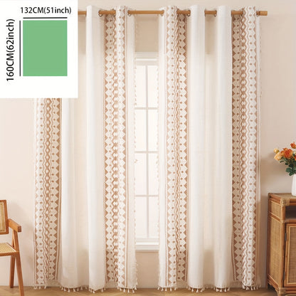 Beige Geometric Semi-Sheer Curtain with Tassels