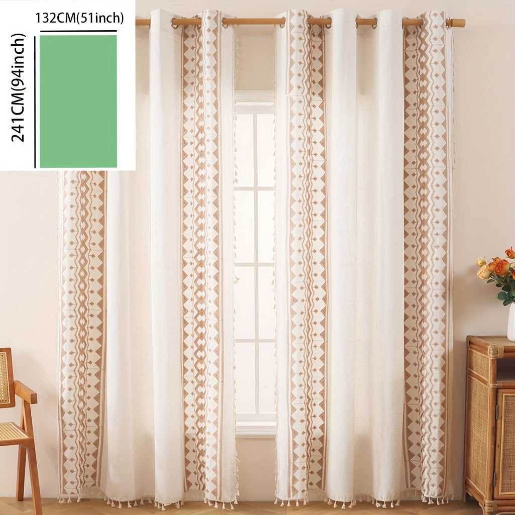 Beige Geometric Semi-Sheer Curtain with Tassels