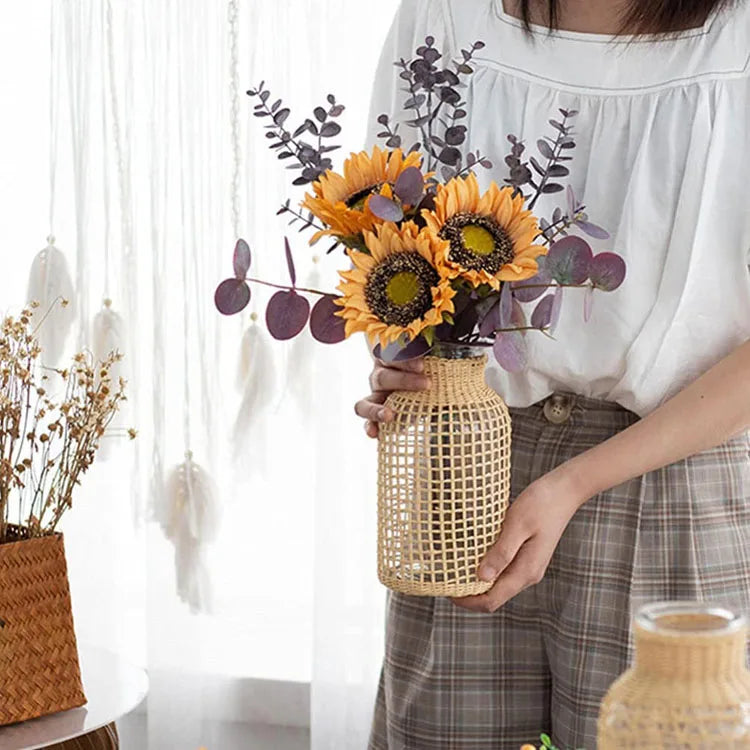 Rattan-Wrapped Glass Vase