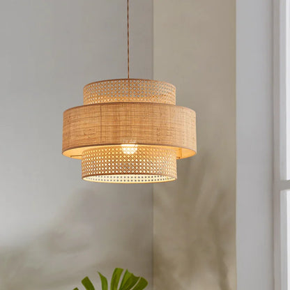 3-Layer Rattan Pendant Light - Modern Coastal Style