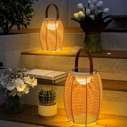 Rattan Solar Table Lamp - Portable Outdoor Light