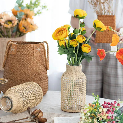 Rattan-Wrapped Glass Vase