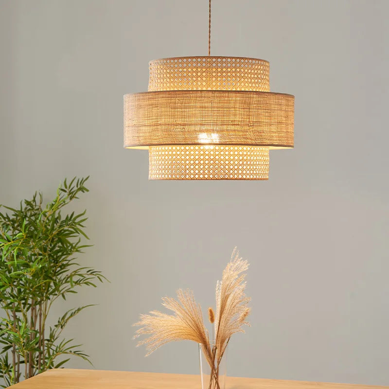 3-Layer Rattan Pendant Light - Modern Coastal Style
