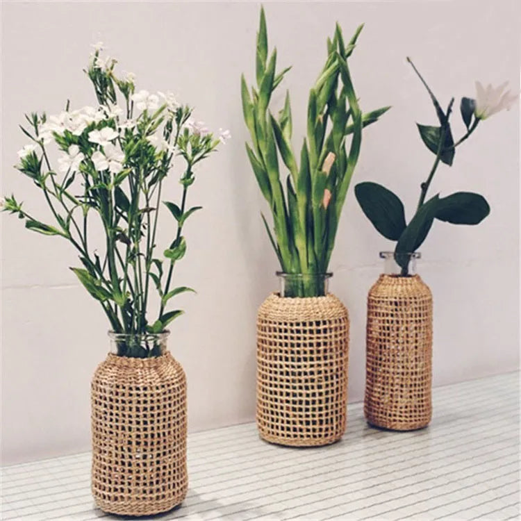 Rattan-Wrapped Glass Vase