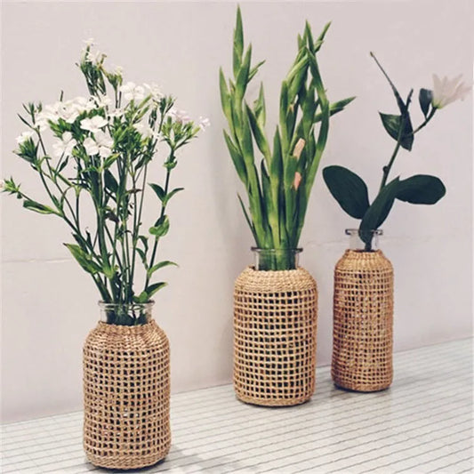 Rattan-Wrapped Glass Vase