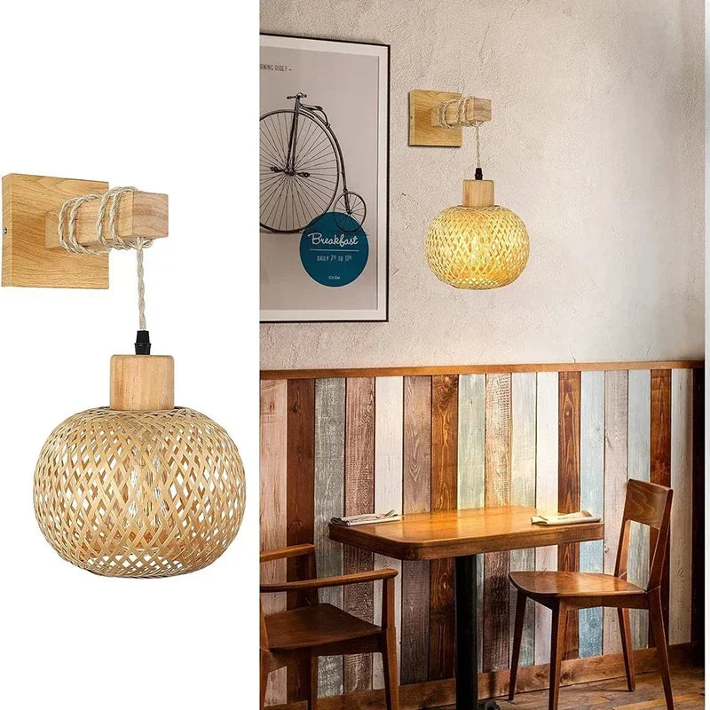Bamboo Lantern Wall Lamp - Hand-Woven Rattan