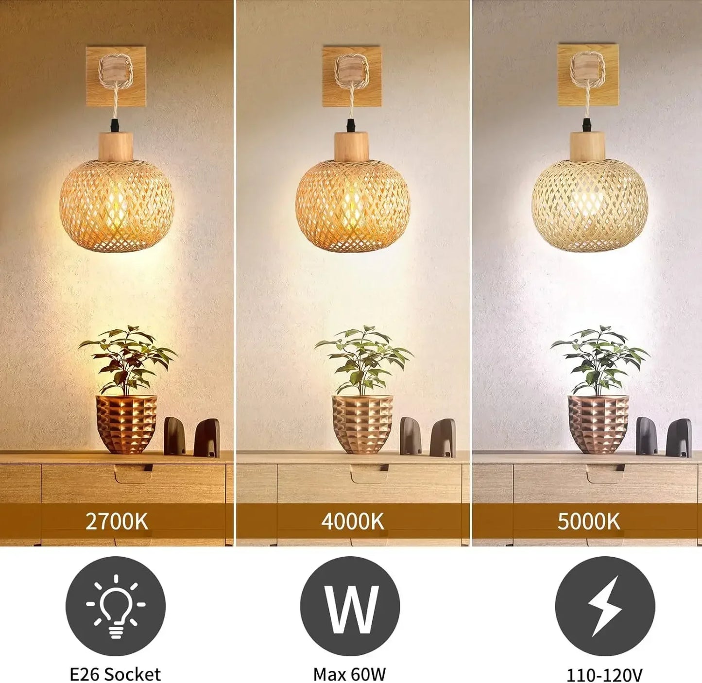 Bamboo Lantern Wall Lamp - Hand-Woven Rattan