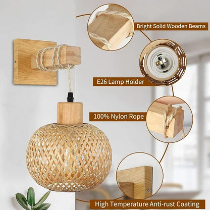 Bamboo Lantern Wall Lamp - Hand-Woven Rattan