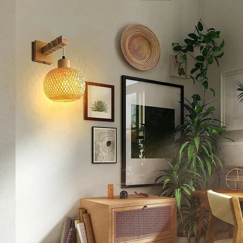 Bamboo Lantern Wall Lamp - Hand-Woven Rattan