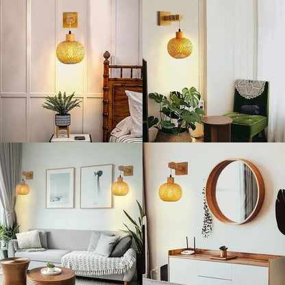 Bamboo Lantern Wall Lamp - Hand-Woven Rattan