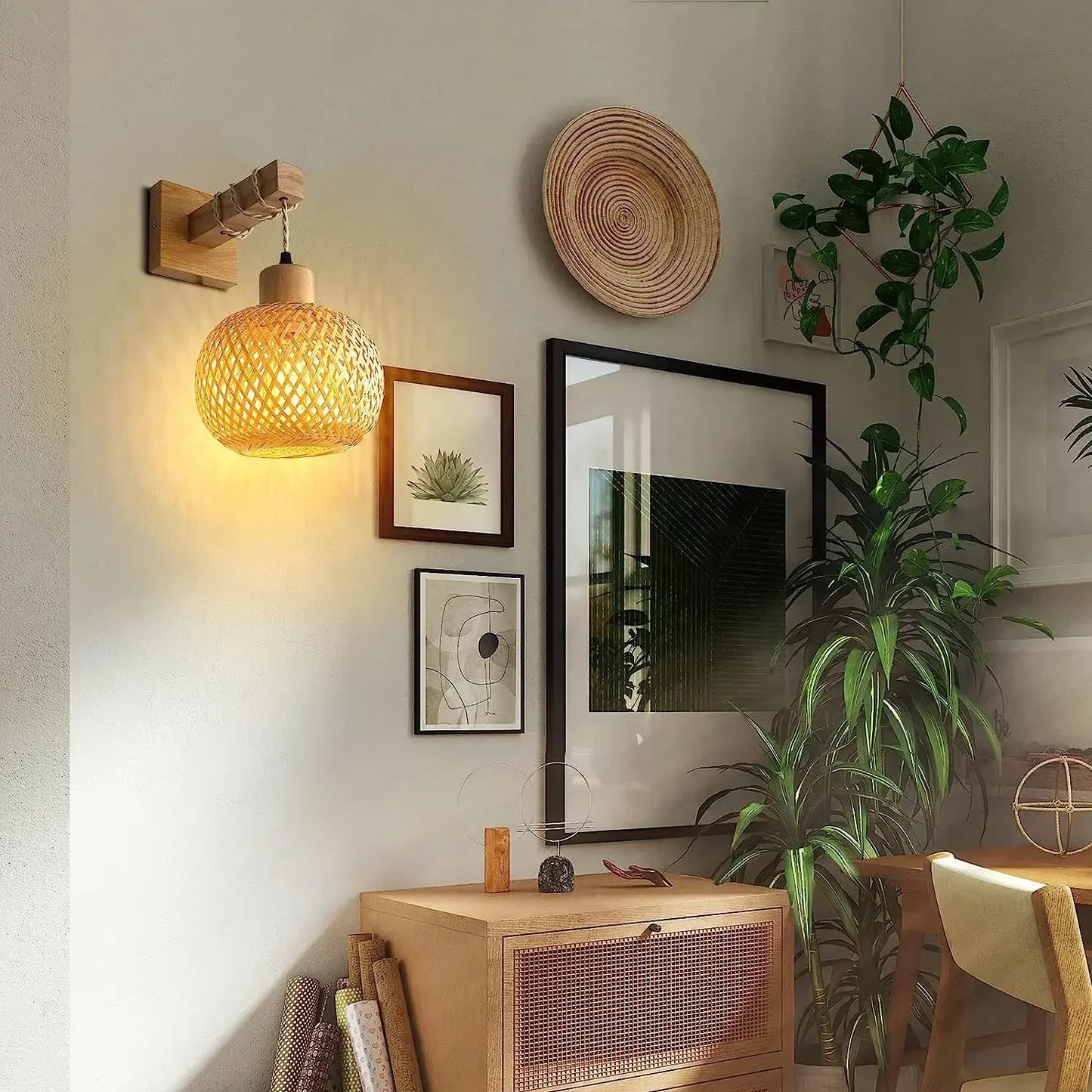 Bamboo Lantern Wall Lamp - Hand-Woven Rattan