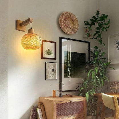 Bamboo Lantern Wall Lamp - Hand-Woven Rattan