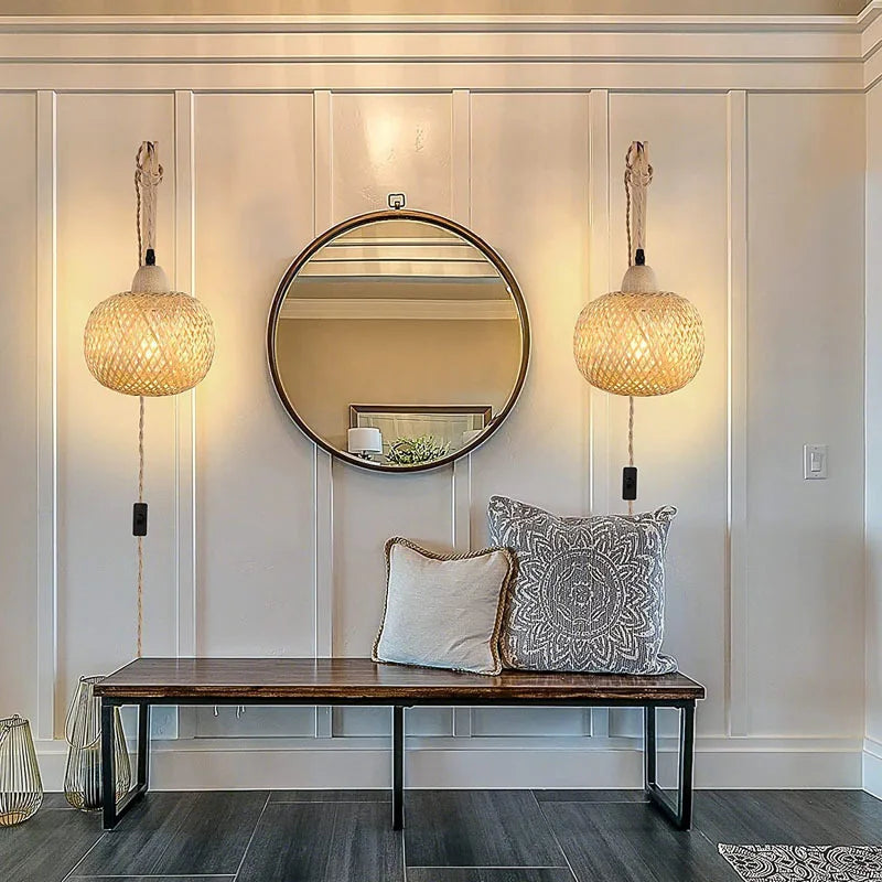 Bamboo Lantern Wall Lamp - Hand-Woven Rattan