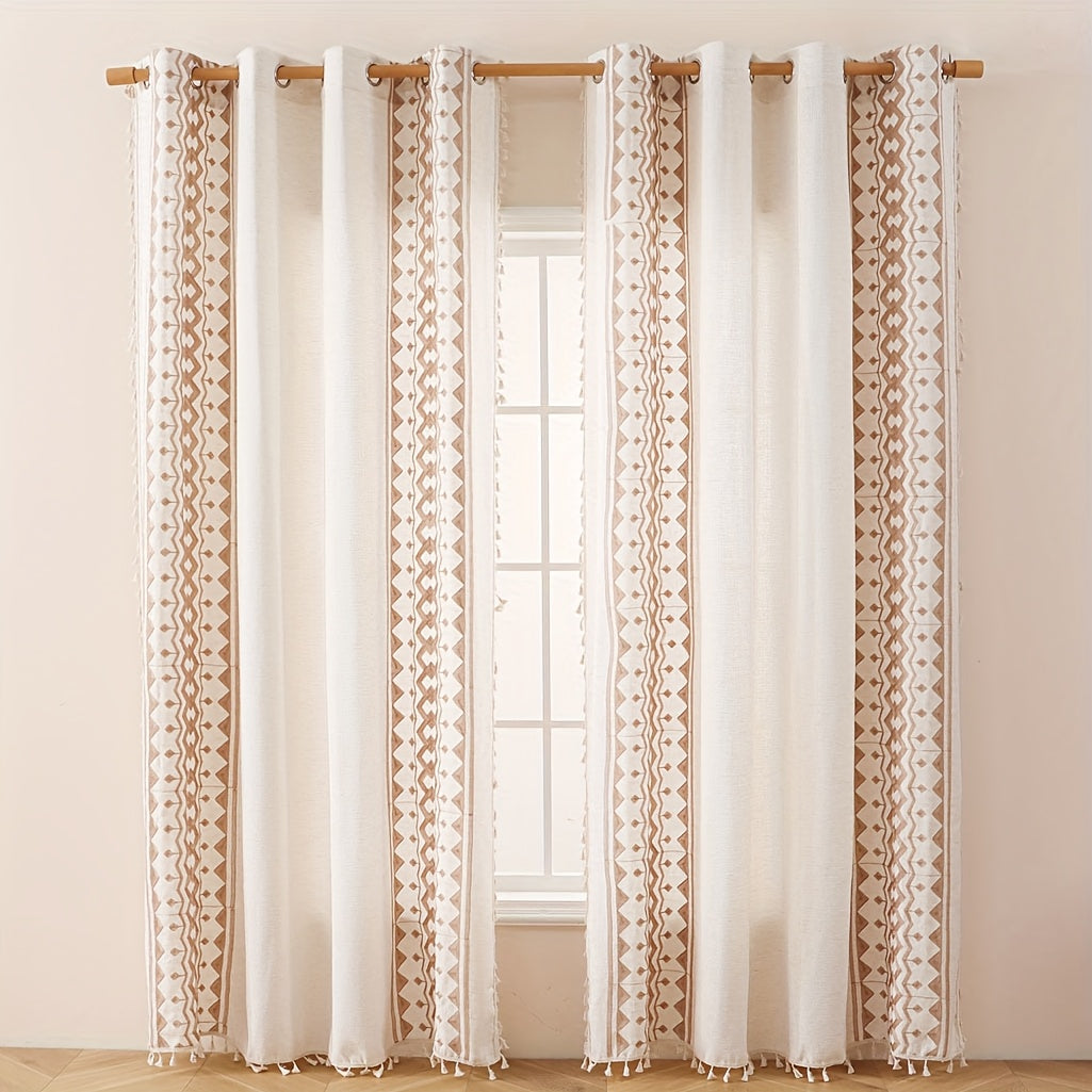 Beige Geometric Semi-Sheer Curtain with Tassels