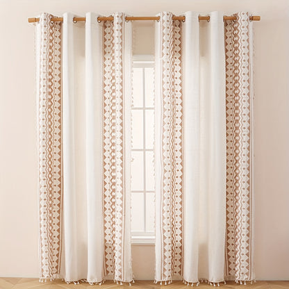 Beige Geometric Semi-Sheer Curtain with Tassels