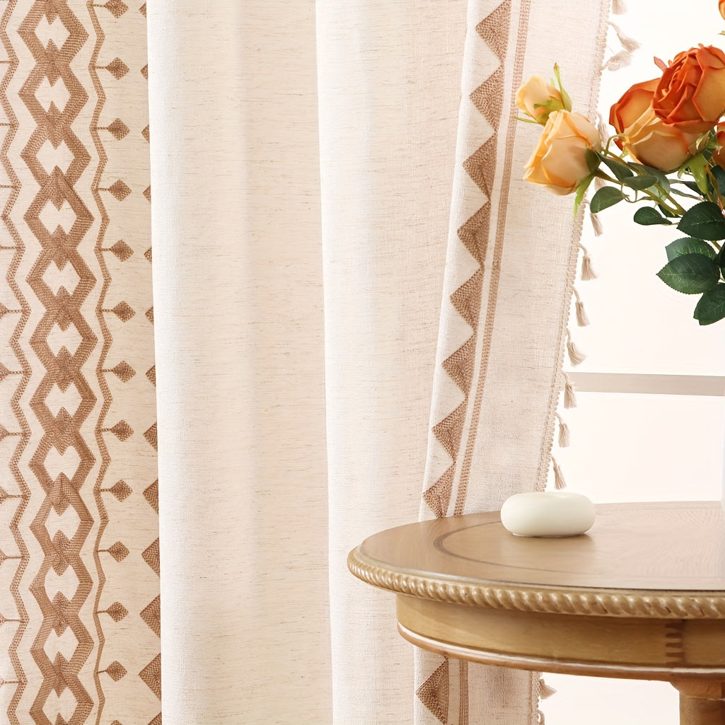 Beige Geometric Semi-Sheer Curtain with Tassels