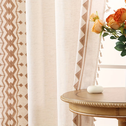 Beige Geometric Semi-Sheer Curtain with Tassels