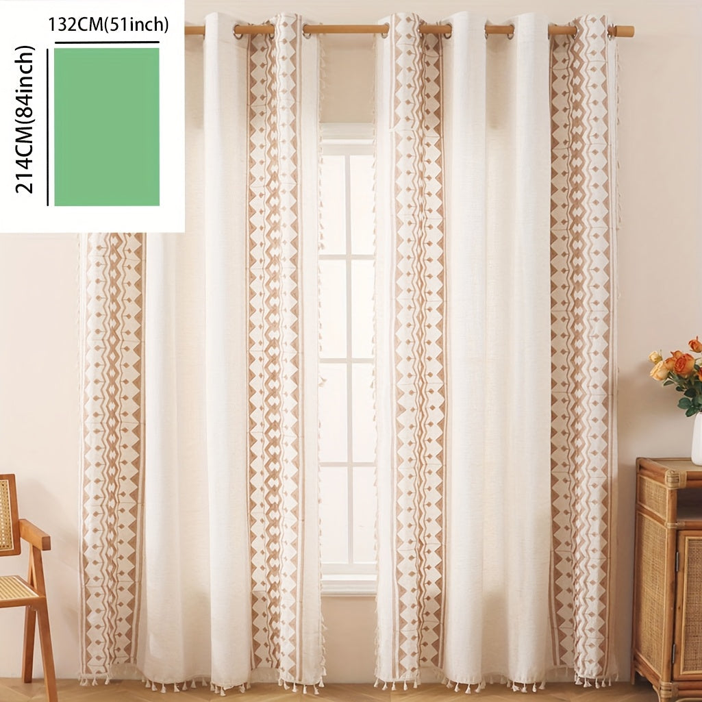 Beige Geometric Semi-Sheer Curtain with Tassels
