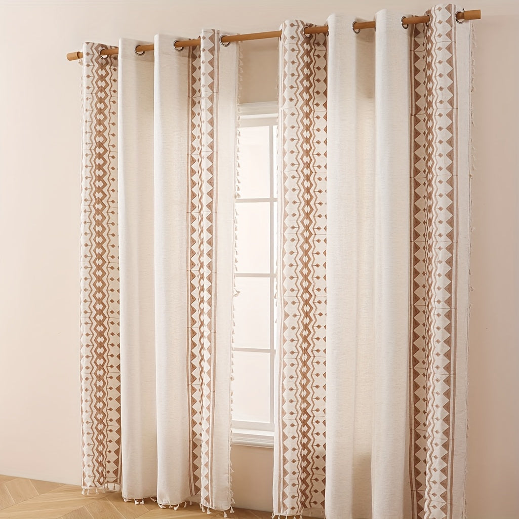 Beige Geometric Semi-Sheer Curtain with Tassels