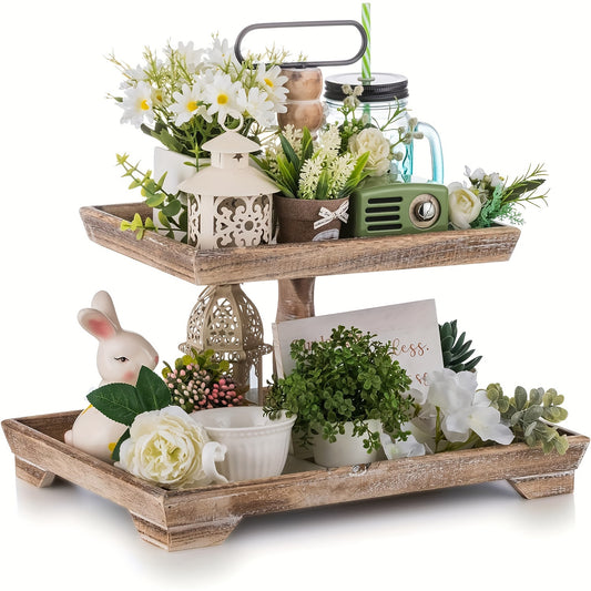 Rustic 2-Tier Wooden Tray Stand - 40cm
